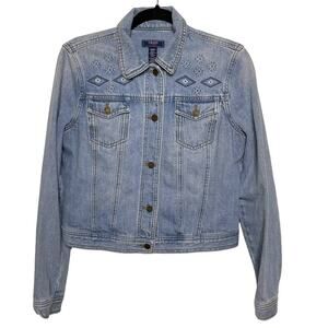 Chaps Vintage Cropped Trucker Denim‎ Jacket Embroidery Detail Collared Blue M